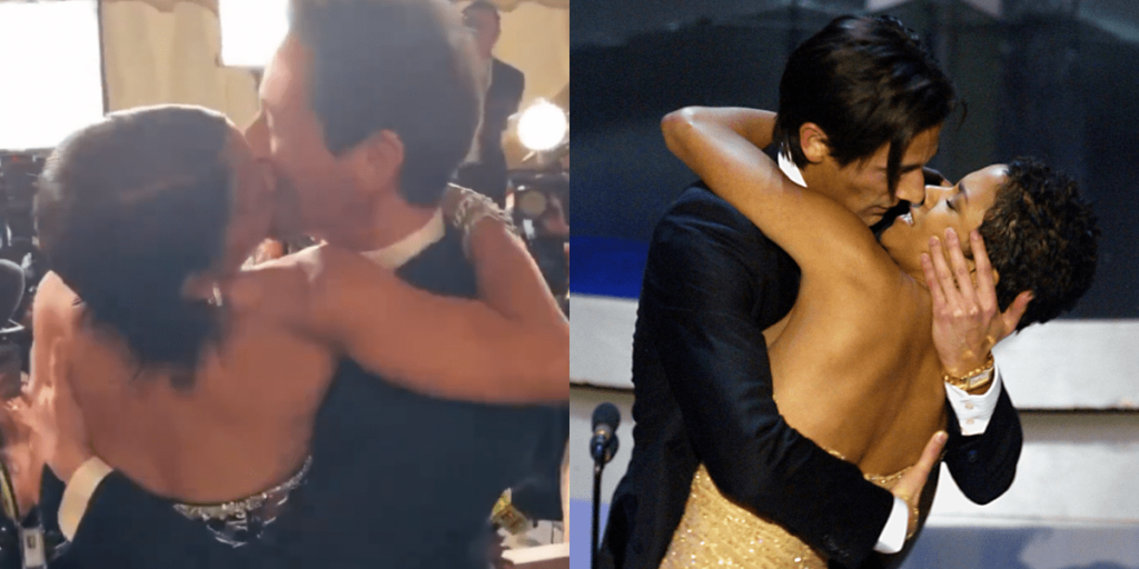 Halle Berry e Adrien Brody refazem cena de beijo de 2003 no tapete do Oscar