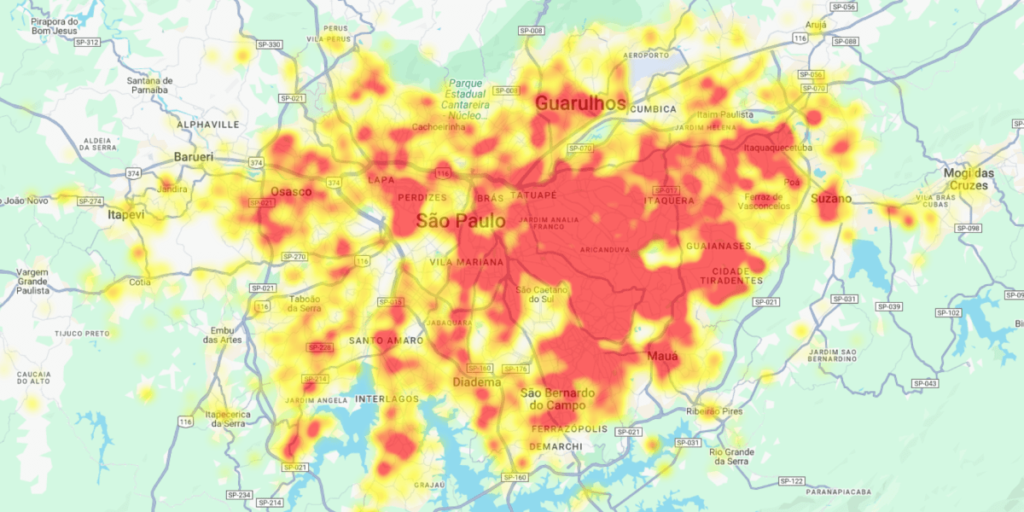 Mapa mostra áreas com maior risco de roubo e furto de veículos em São Paulo