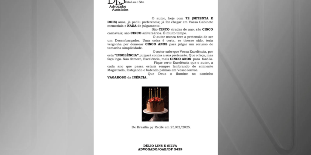 Após 5 anos sem decisão, advogado manda foto de bolo com velas para juiz