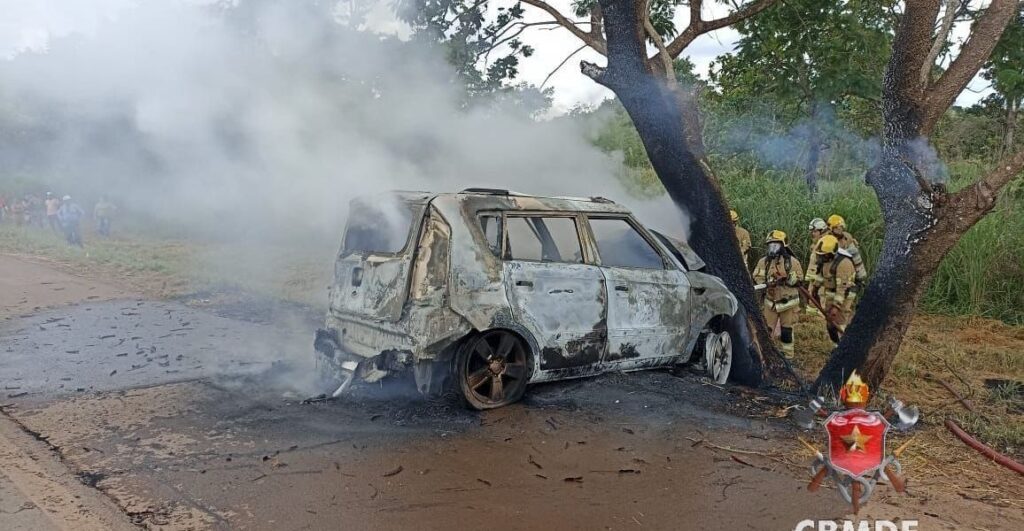 Carro em zigue-zague bate em árvore, pega fogo e dois morrem em Brasília