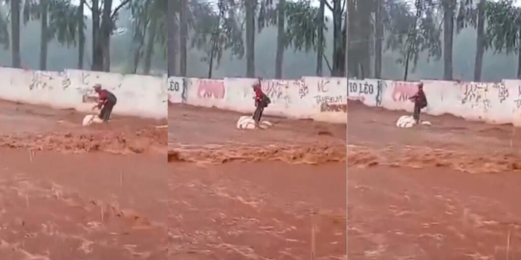 Vídeo: Homem “surfa” em correnteza durante enchente em Campo Grande (MS)