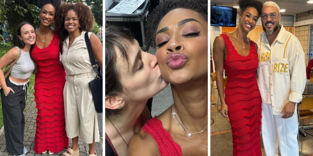 Fora do BBB, Aline posa ao lado de Larissa Manoela, Belo e outros artistas