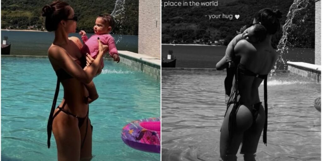 Mãe da 3ª filha de Neymar aproveita piscina com a pequena; veja