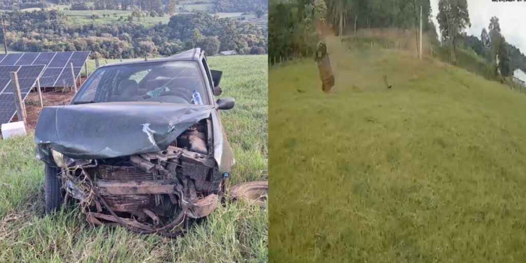 Carro perde controle, sai da pista e quase atropela pedestre em SC; assista
