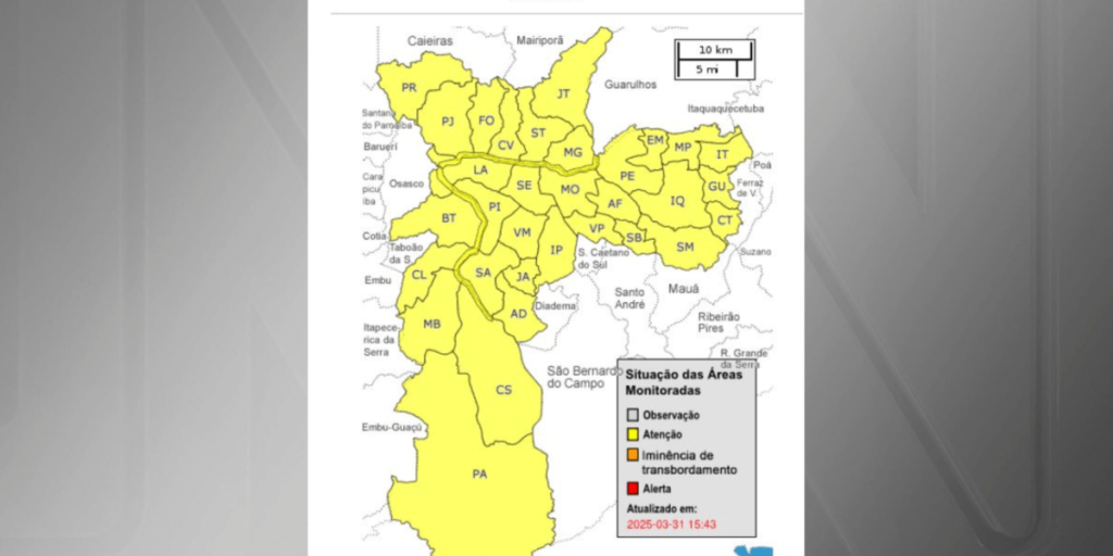 Cidade de São Paulo entra em estado de atenção para alagamentos