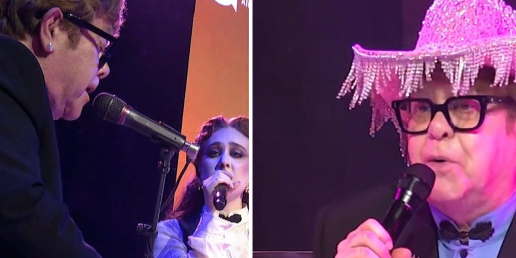 Com chapéu de franjas, Elton John canta "Pink Pony Club" com Chappell Roan