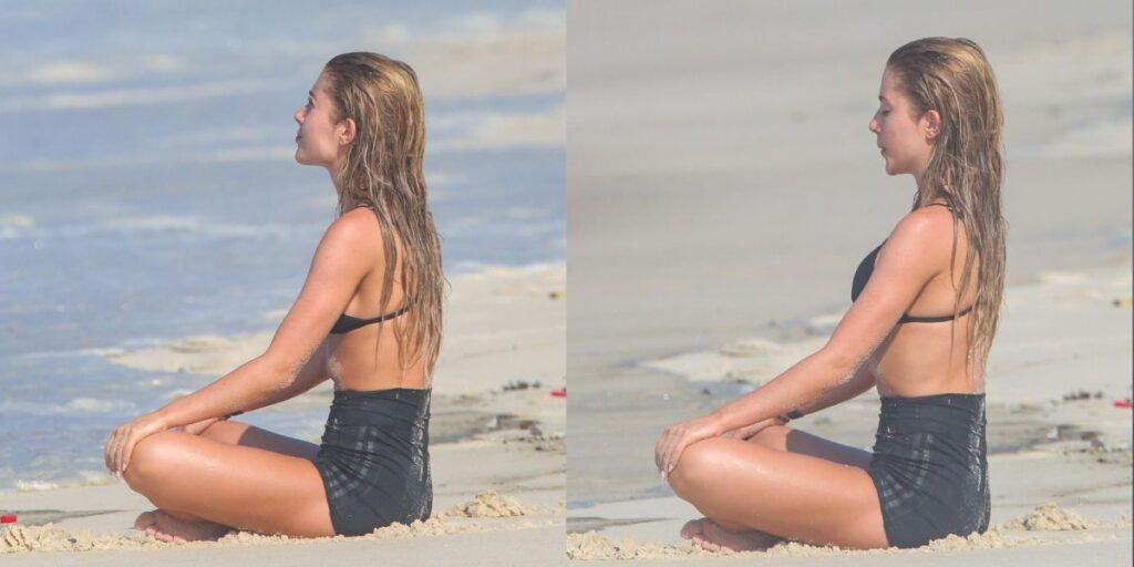 Jade Picon medita na areia da praia no Rio de Janeiro