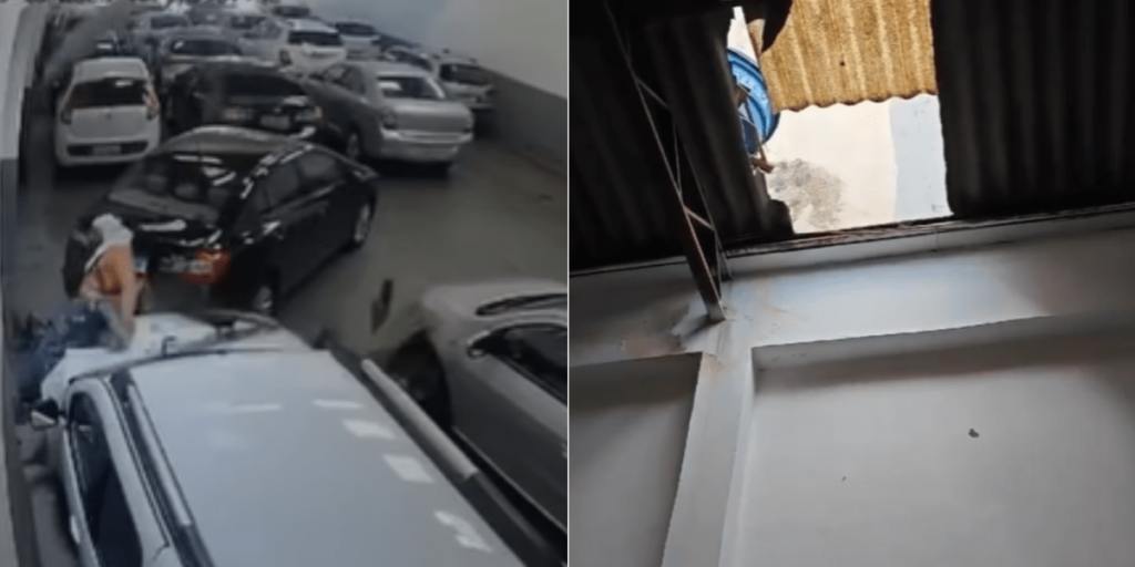 Vídeo: Homem cai em cima de carro após teto de loja desabar