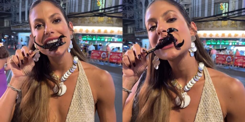 Mari Gonzalez come escorpião frito em viagem na Tailândia; veja