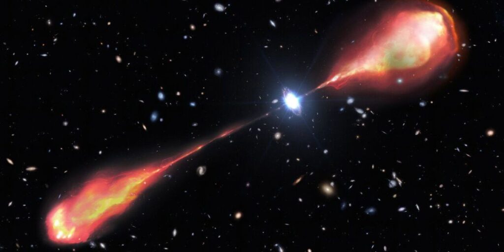 Astrônomos revelam maior jato de rádio já visto no início do Universo