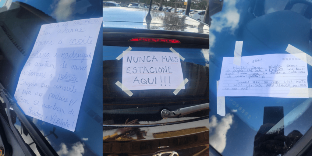 Alarme de carro toca noite toda, vizinhos "surtam" e colam cartaz no vidro