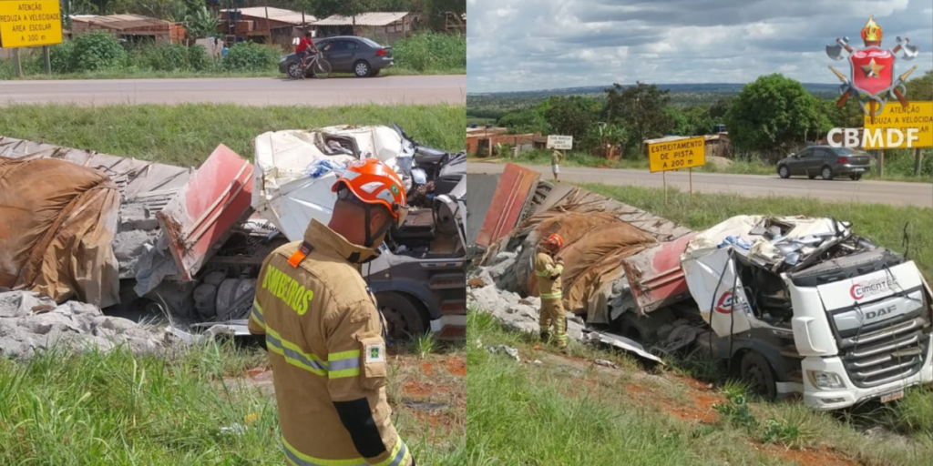 Motorista fica ferido após carreta com cimento tombar na BR-080, no DF