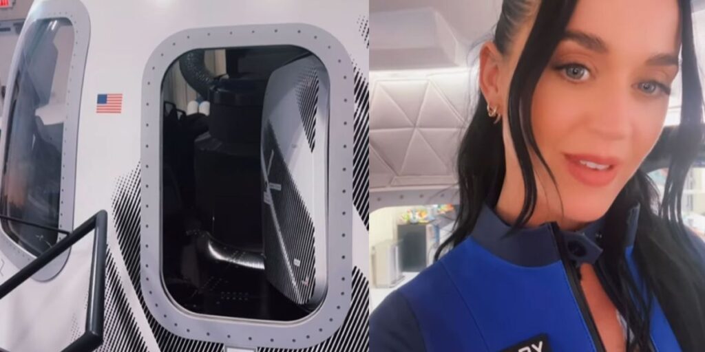 Katy Perry mostra foguete da Blue Origin horas antes da viagem ao espaço