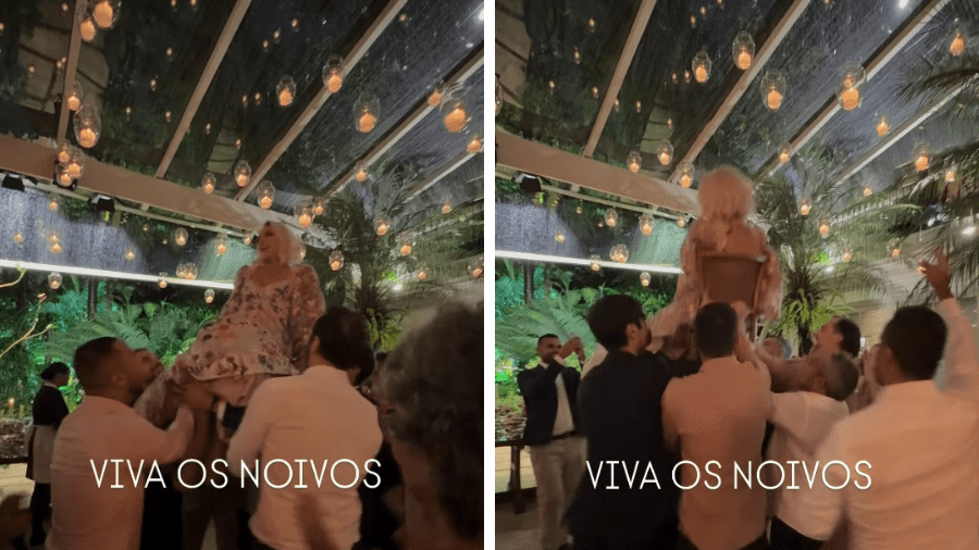 Ana Maria Braga aparece sendo carregada em cadeira durante casamento