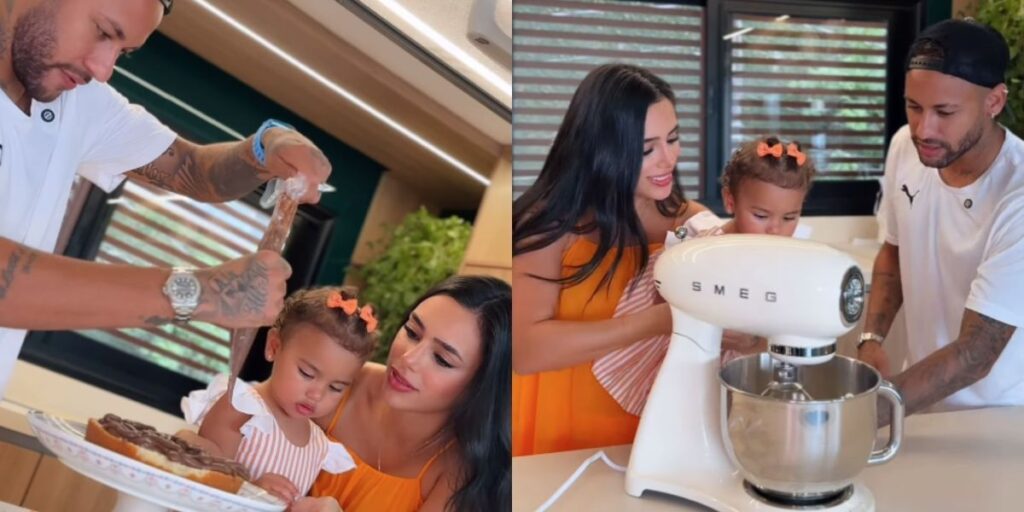 Bruna Biancardi faz o próprio bolo de aniversário com Neymar e Mavie