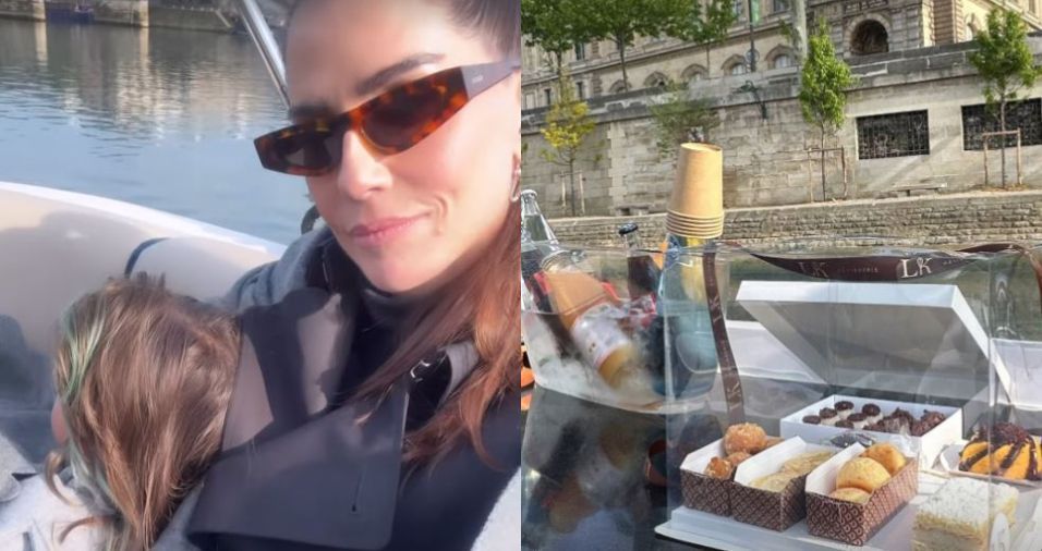 Deborah Secco passeia de barco com a filha no Rio Sena, em Paris