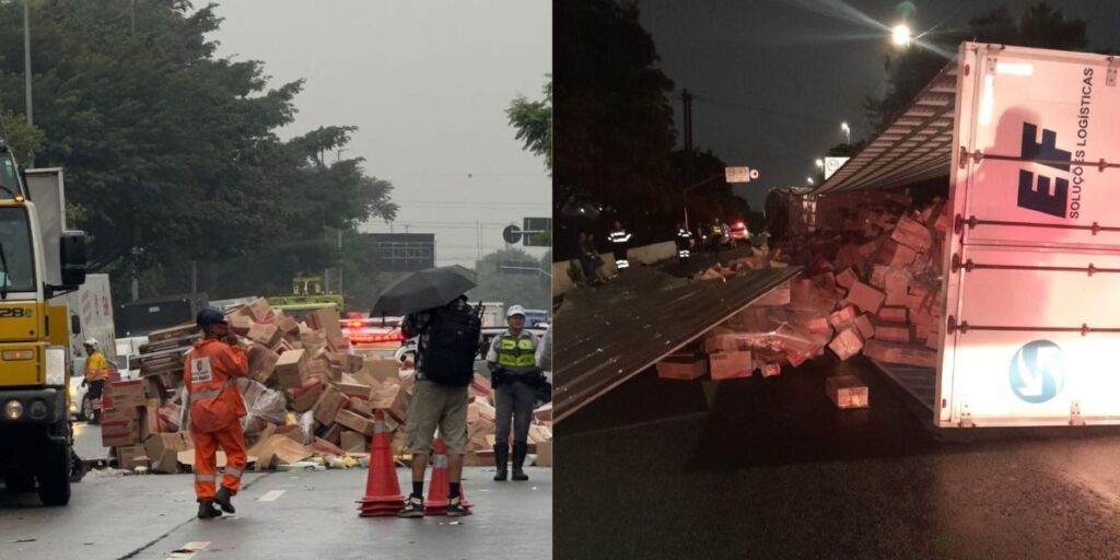 Caminhão com 12 toneladas de leite em pó tomba na Marginal Tietê, em SP