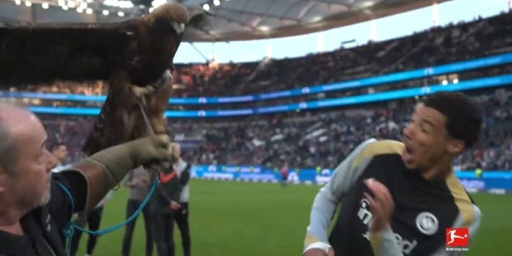 Artilheiro do Frankfurt leva susto com mascote do clube; veja vídeo