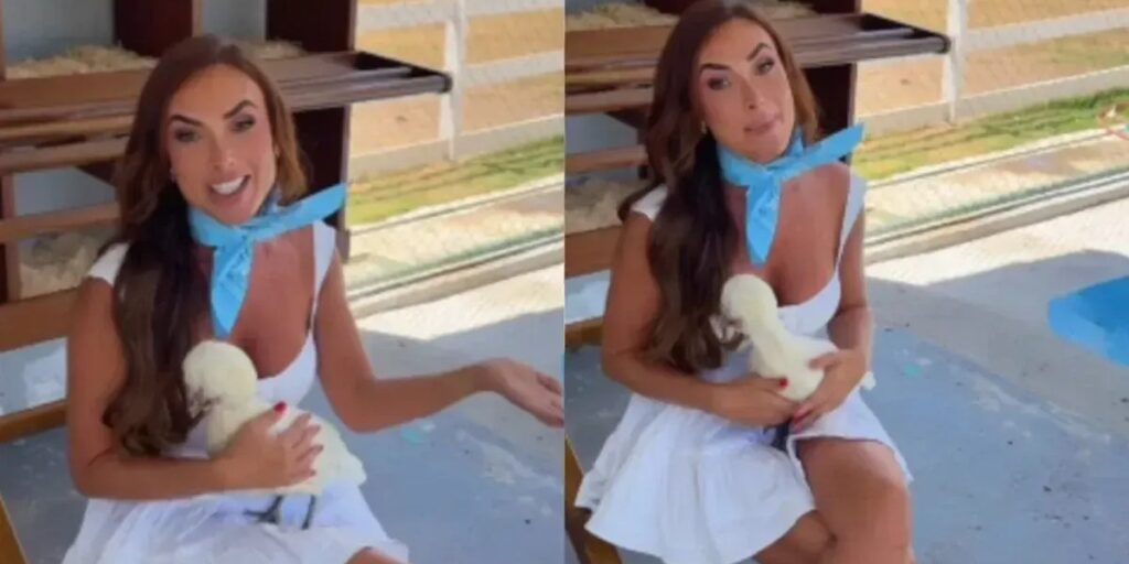Nicole Bahls batiza galinha com o nome de Xuxa: “Cabelo igual”