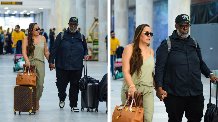 Péricles faz rara aparição com a mulher em aeroporto; veja