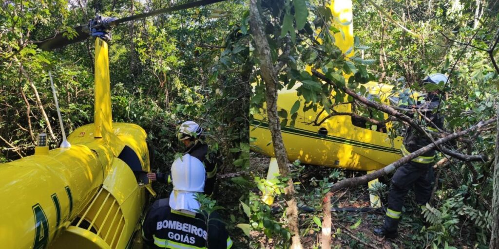Helicóptero faz pouso forçado na mata em Goiás; veja momento do resgate