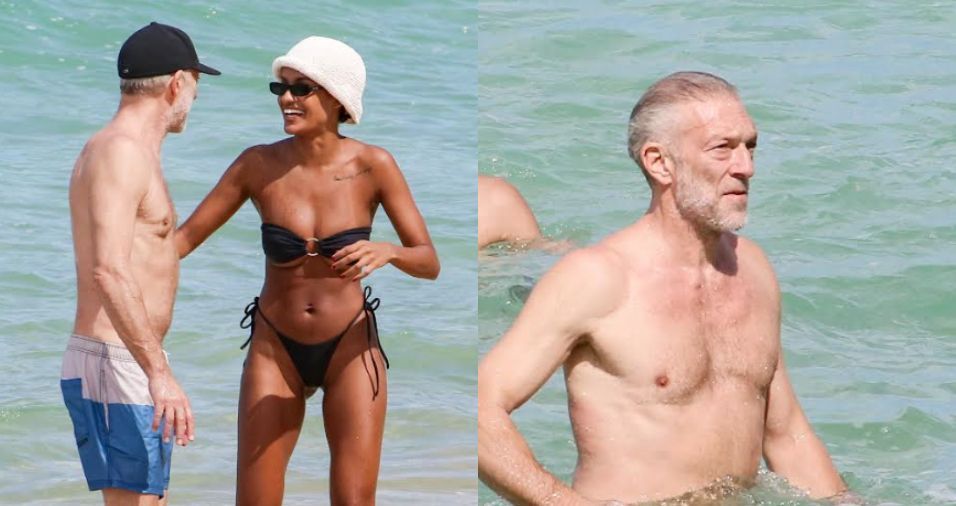 Ator Vincent Cassel curte praia no Rio com Narah Baptista; veja fotos
